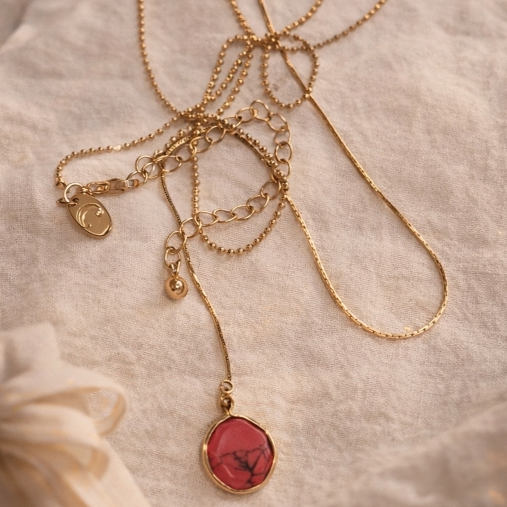 COBOCHON Red Stone Pendant Gold Necklace.